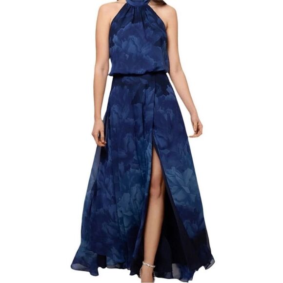 Betsy & Adam A24822P Halter Mock Neck Front Slit Floral Blouson Maxi NWT $220 - Picture 2 of 4